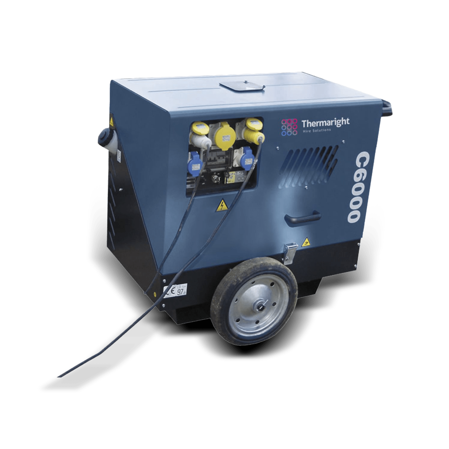 Large blue industrial generator on wheels.